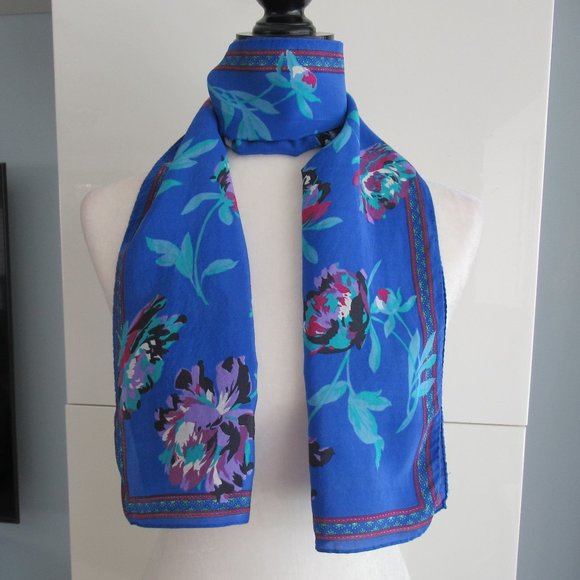 Rectangular Floral Pattern Scarf 10" x 52" Made in Italy, Blue, Purple, Black - Picture 1 of 8
